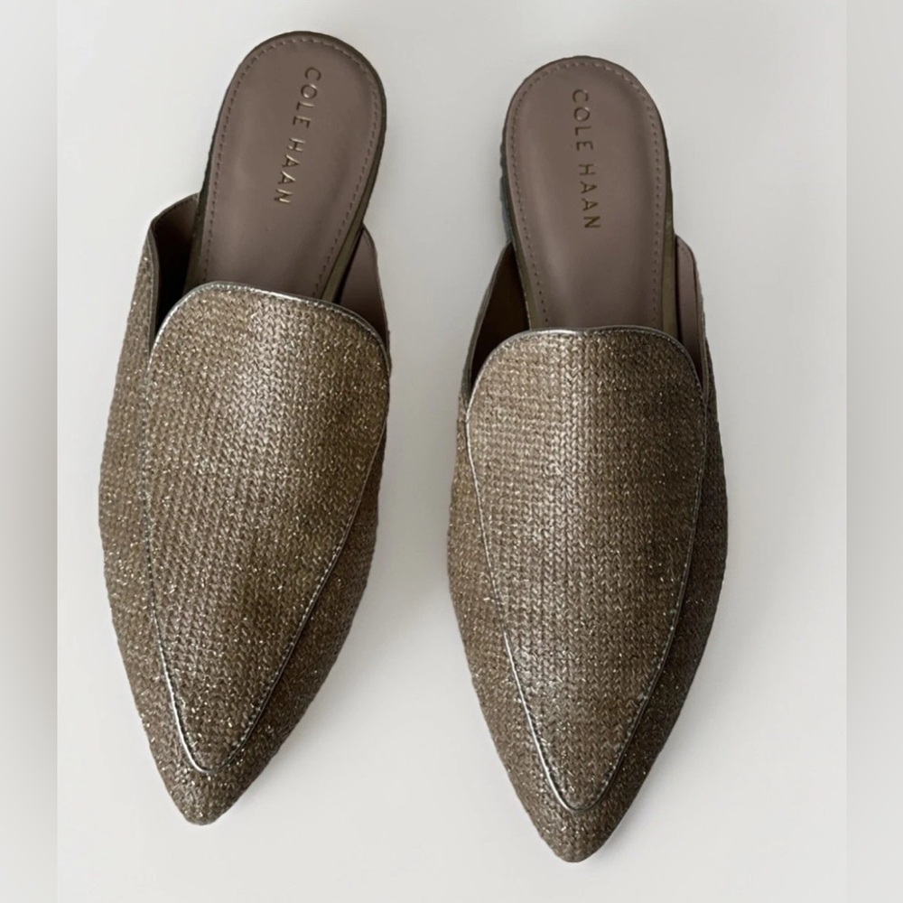 Cole Haan Gold Metallic Linen Piper Loafer Mule Size  9 B VGUC Bnfts Charity - Picture 2 of 9